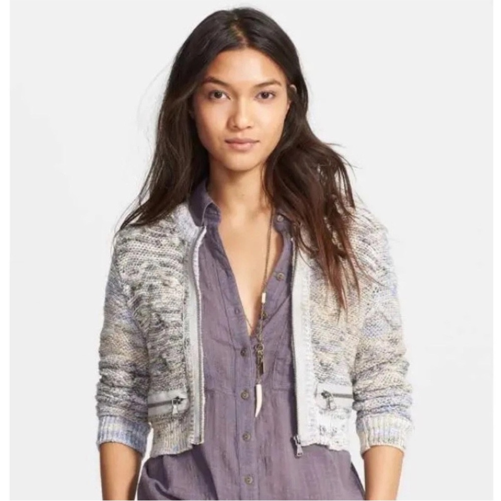 Free People Stylish Knit‎ Pastel Zip-Up Cardigan Jacket, Size Medium
